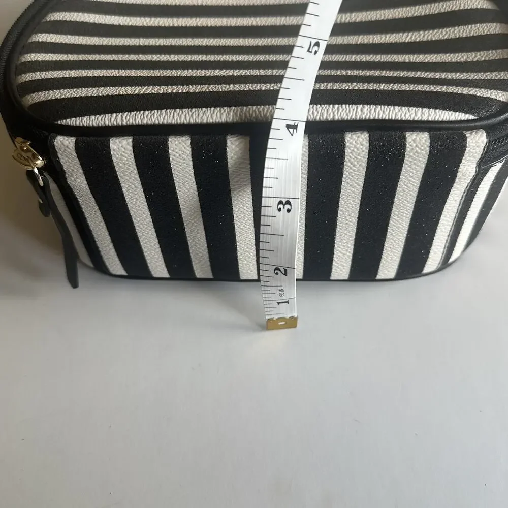 Kate Spade Miri Glitter Makeup Bag Black White Striped Round Cosmetic Case